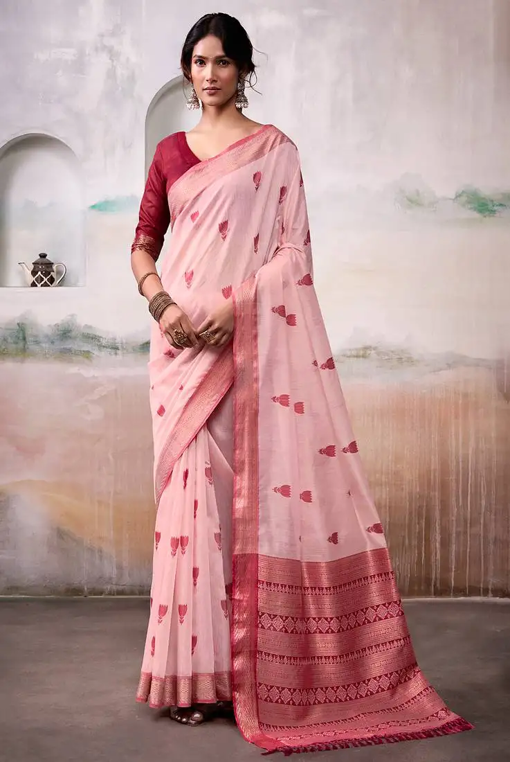 Light pink modal cotton woven saree with blouse