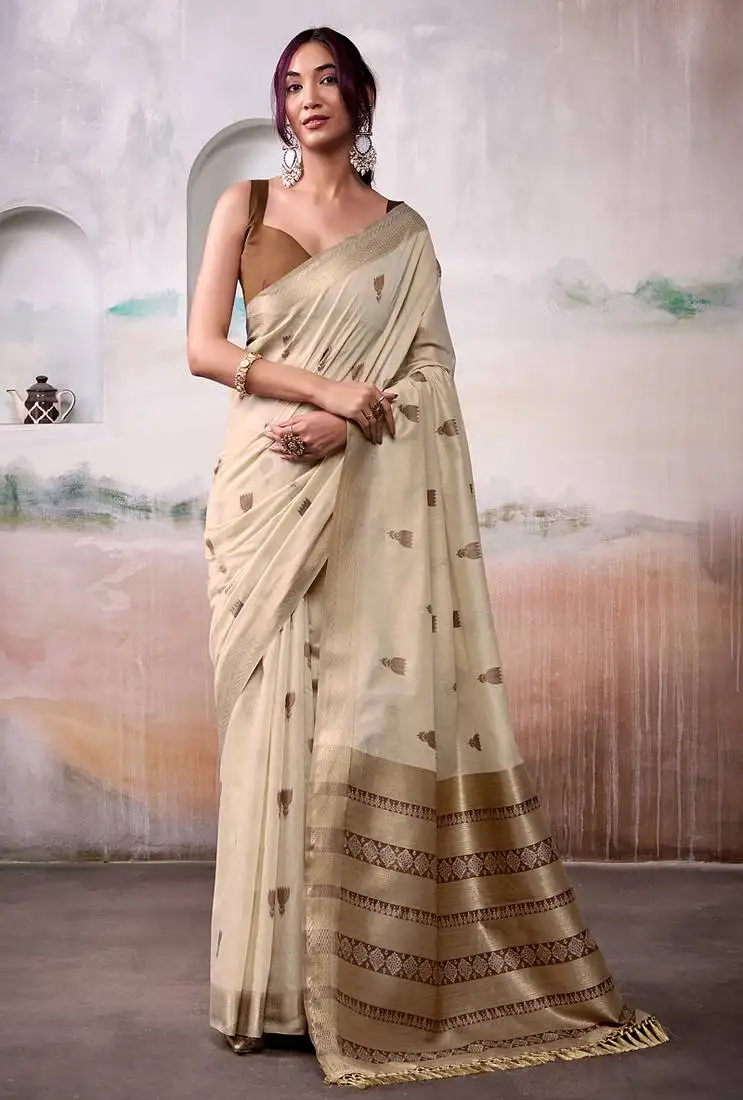 Cream modal cotton woven saree with blouse
