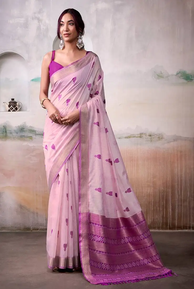 Pink modal cotton woven saree with blouse