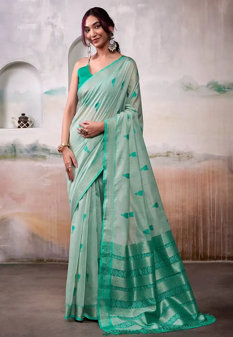 Light green modal cotton woven saree with blouse