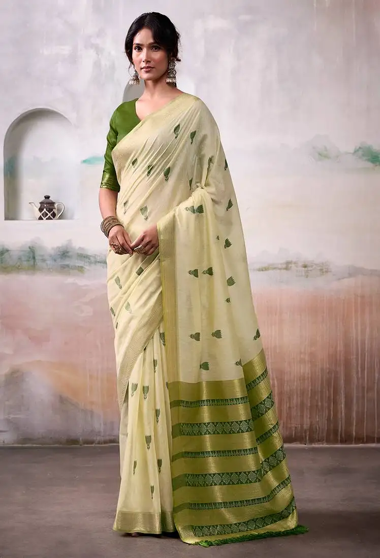 Light yellow modal cotton woven saree with blouse
