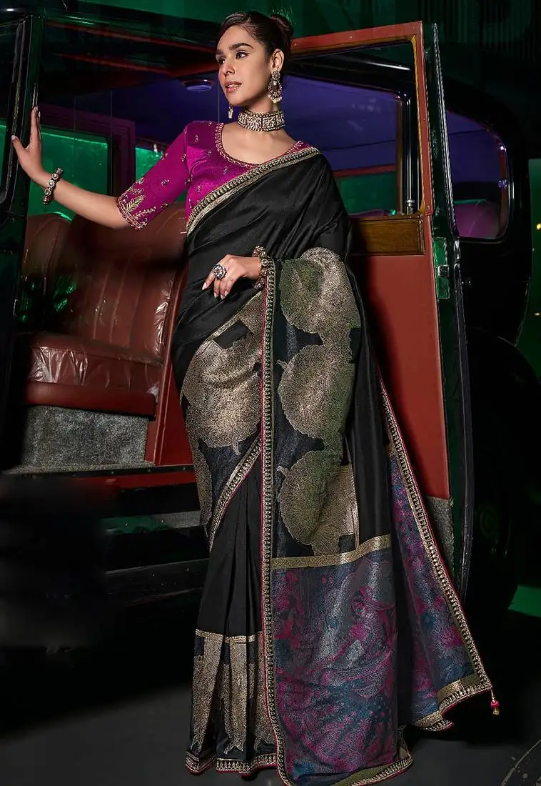 Black silk blend weaved pallu saree with embroidered blouse