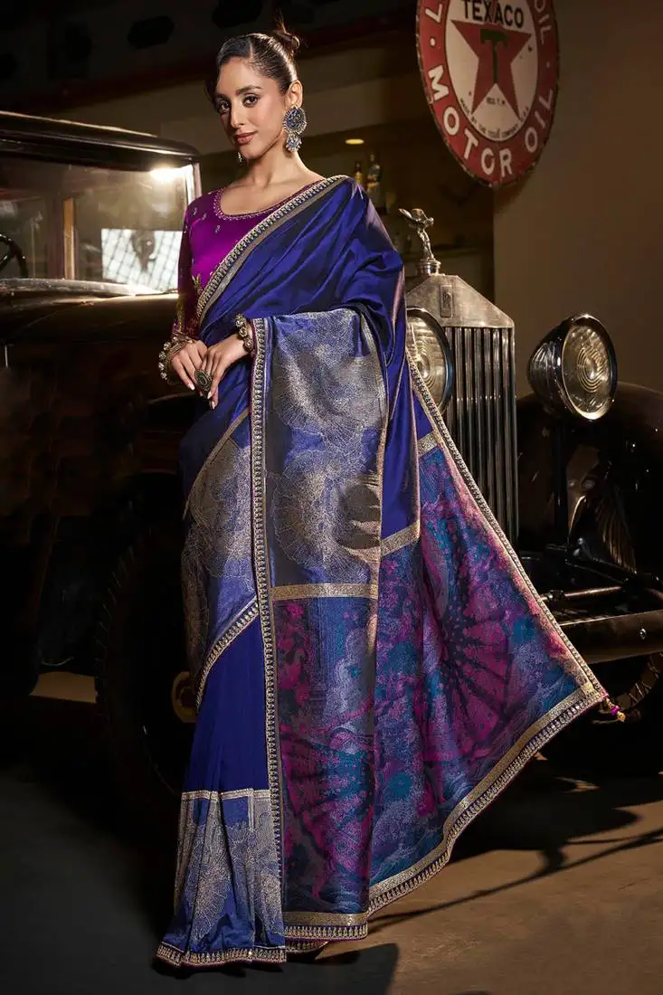 Blue silk blend weaved pallu saree with embroidered blouse