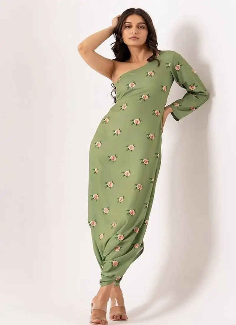 Green polyester floral printed one shoulder jumpsuit