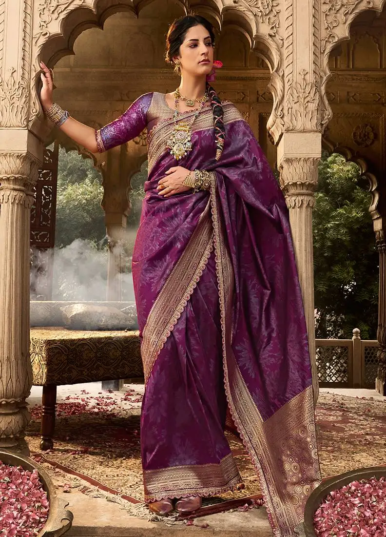 Wine soft banarasi silk woven with lace border saree with blouse