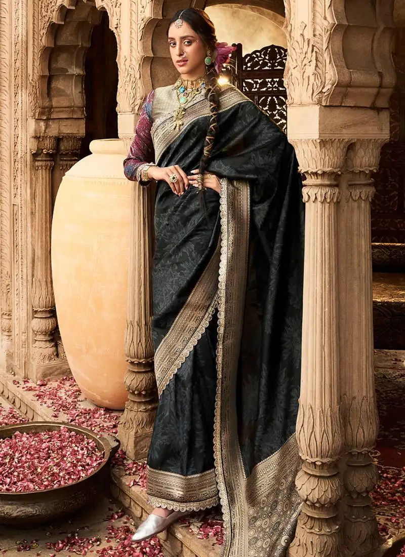 Black soft banarasi silk blend woven with lace border saree with blouse