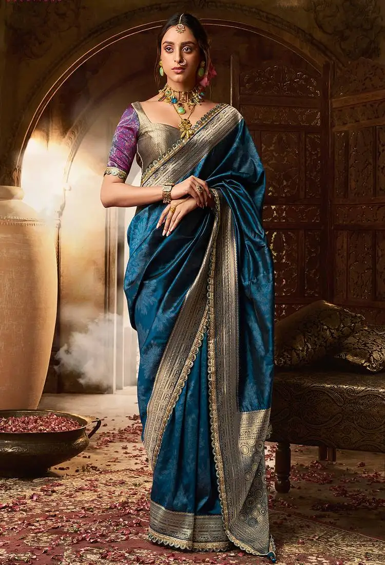 Blue soft banarasi silk blend woven with lace border saree with blouse