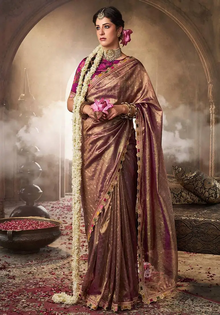 Chocolate tissue woven with multicolored lace border saree with blouse