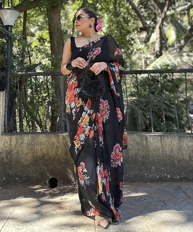 Black floral printed georgette saree