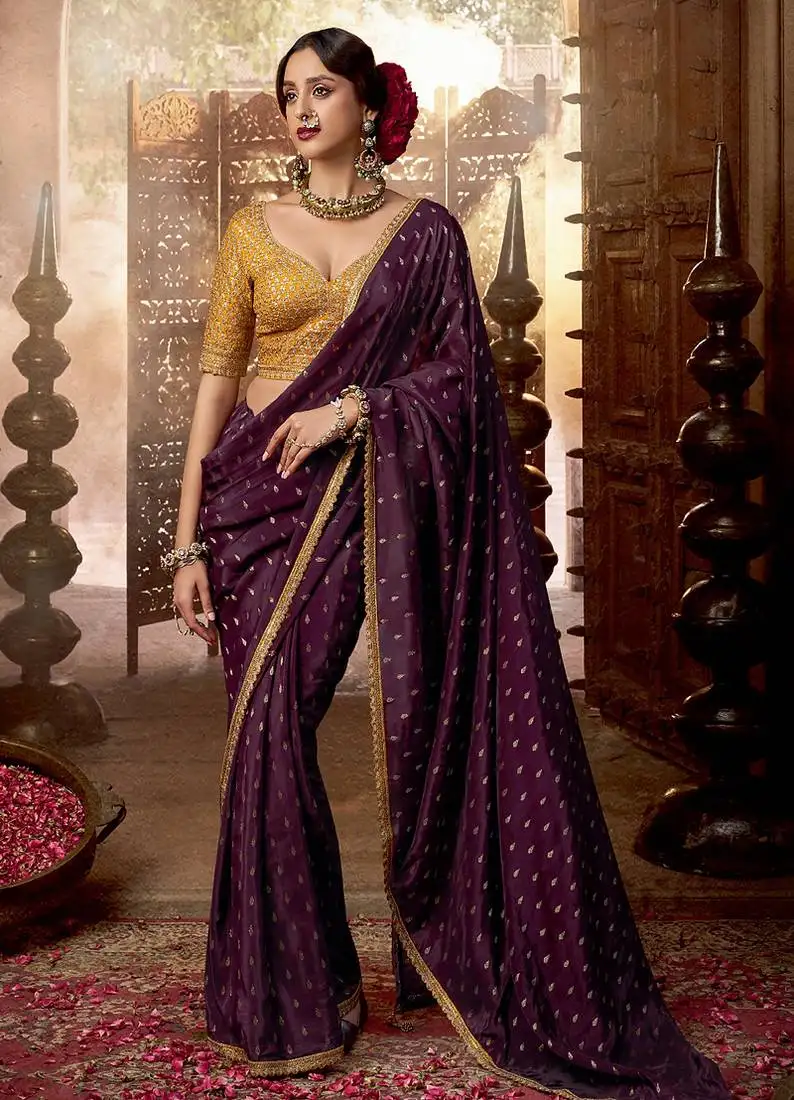Purple pure viscose crepe hand dying and butti weaving with embroidered blouse saree with blouse