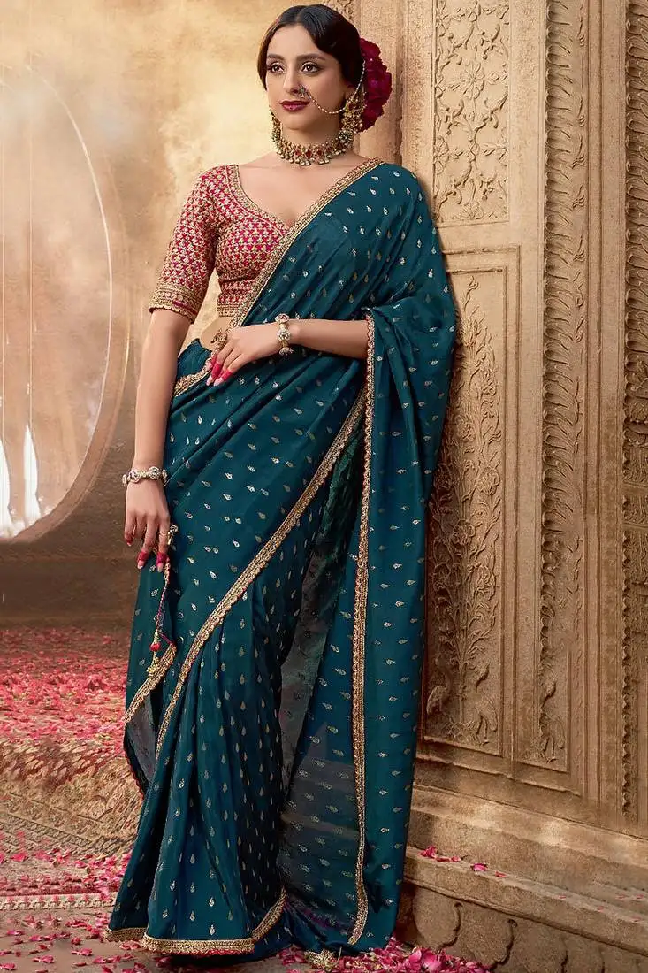 Teal viscose crepe hand dying and butti weaving with saree with embroidered blouse