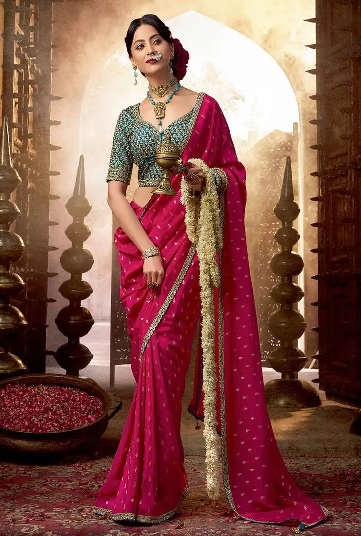 Rani pink viscose crepe hand dying and butti weaving with saree with embroidered blouse