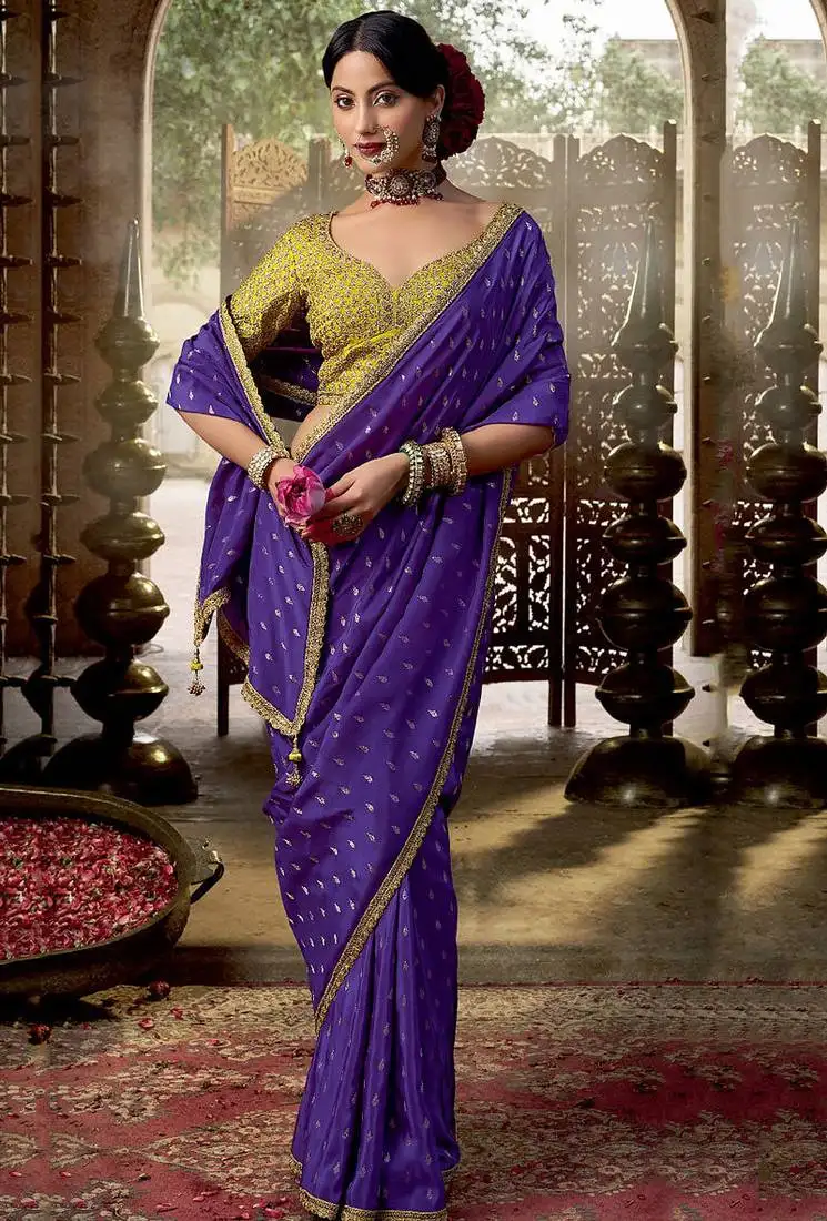 Violet viscose crepe hand dying and butti weaving with saree with embroidered blouse