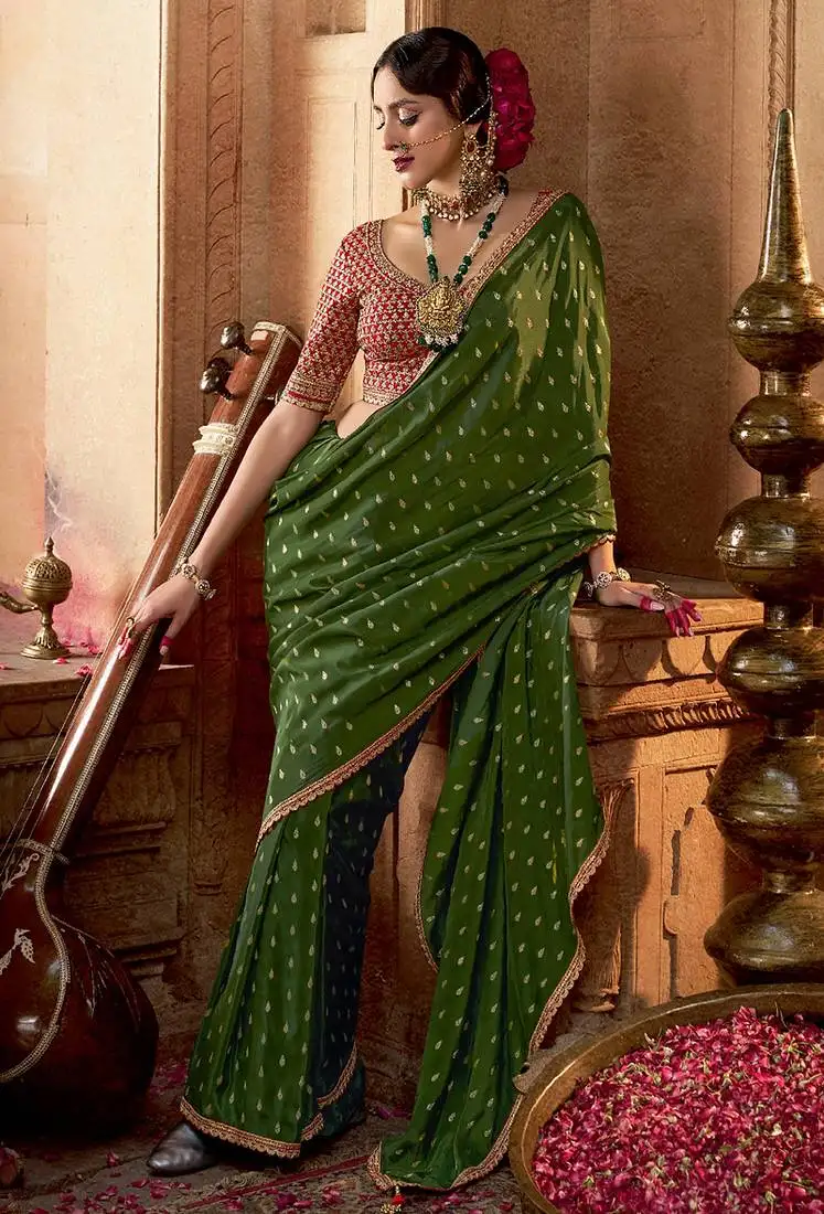 Mehendi viscose crepe hand dying and butti weaving with saree with embroidered blouse