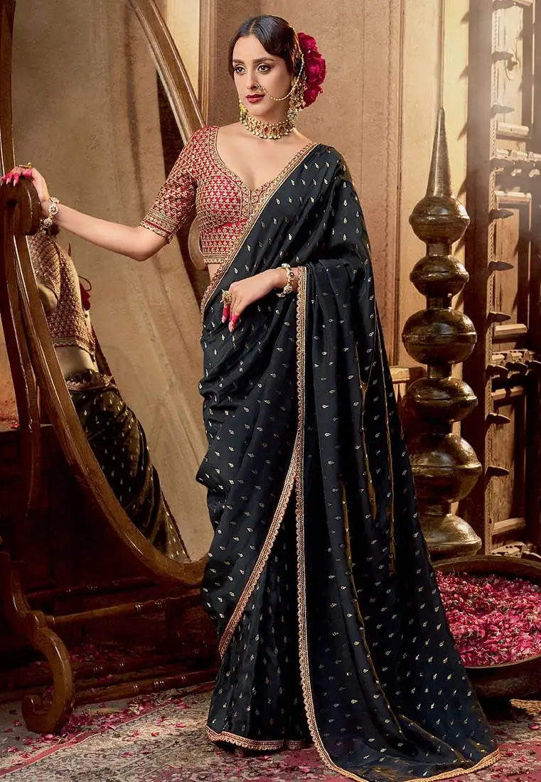 Black viscose crepe hand dying and butti weaving with saree with embroidered blouse