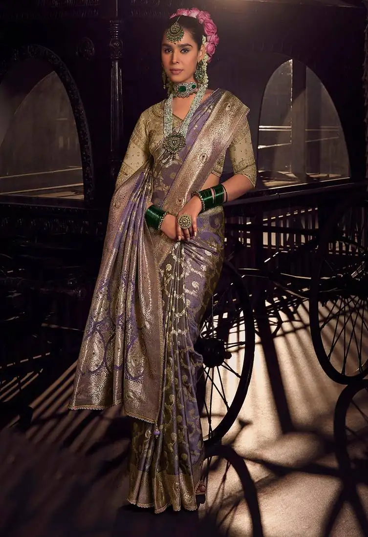 Lavender pure viscose tissue woven with hand work saree with embroidery blouse saree with blouse