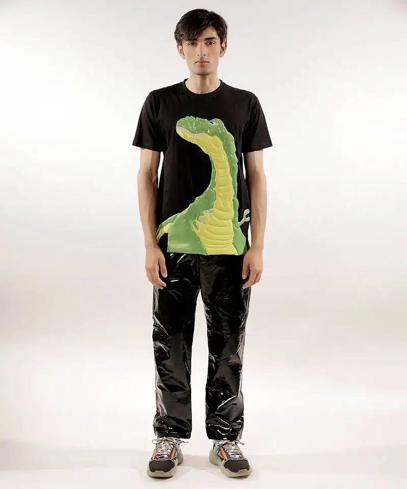 Green dinosaur quilted black cotton t-shirt