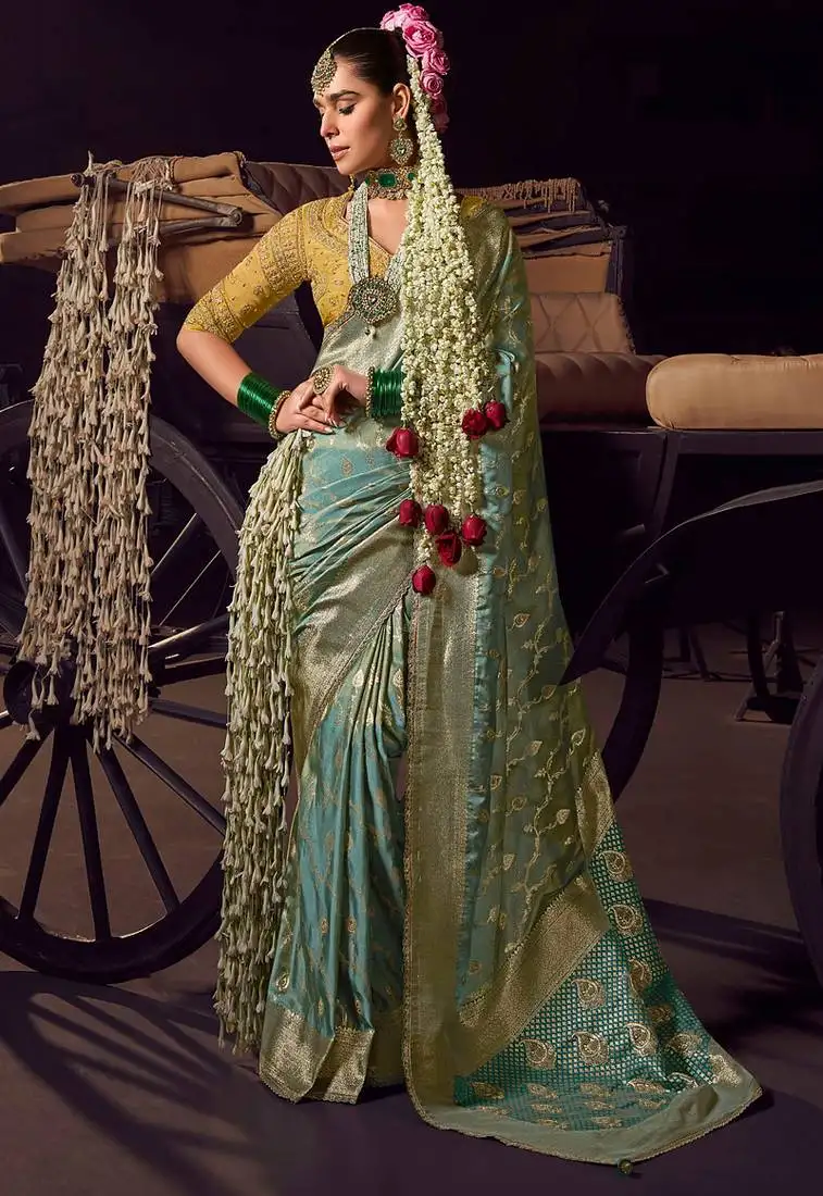 Sky blue viscose tissue woven with hand work saree with embroidery blouse saree with blouse