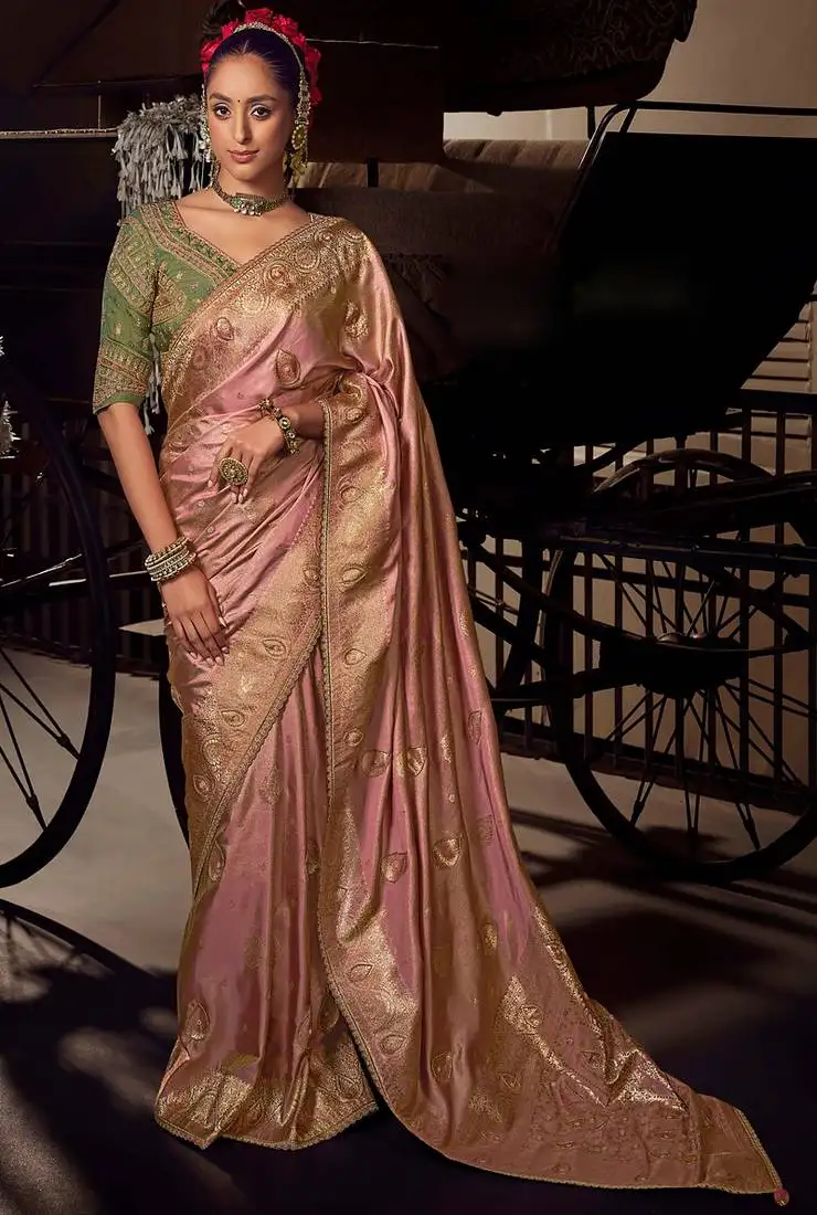 Pink viscose tissue woven with hand work saree with embroidery blouse saree with blouse