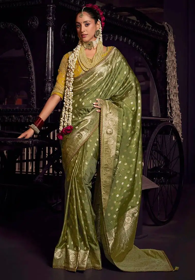 Mehendi viscose tissue woven with hand work saree with embroidery blouse saree with blouse