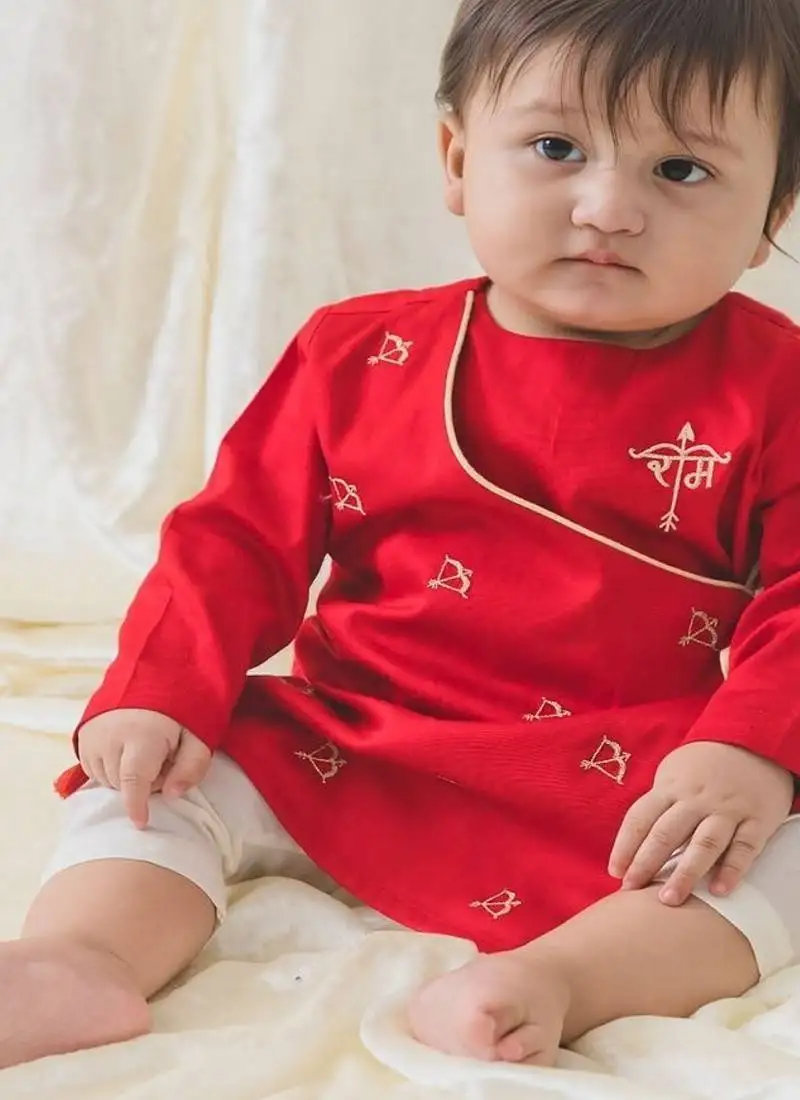 Red embroidered cotton kurta pyjama