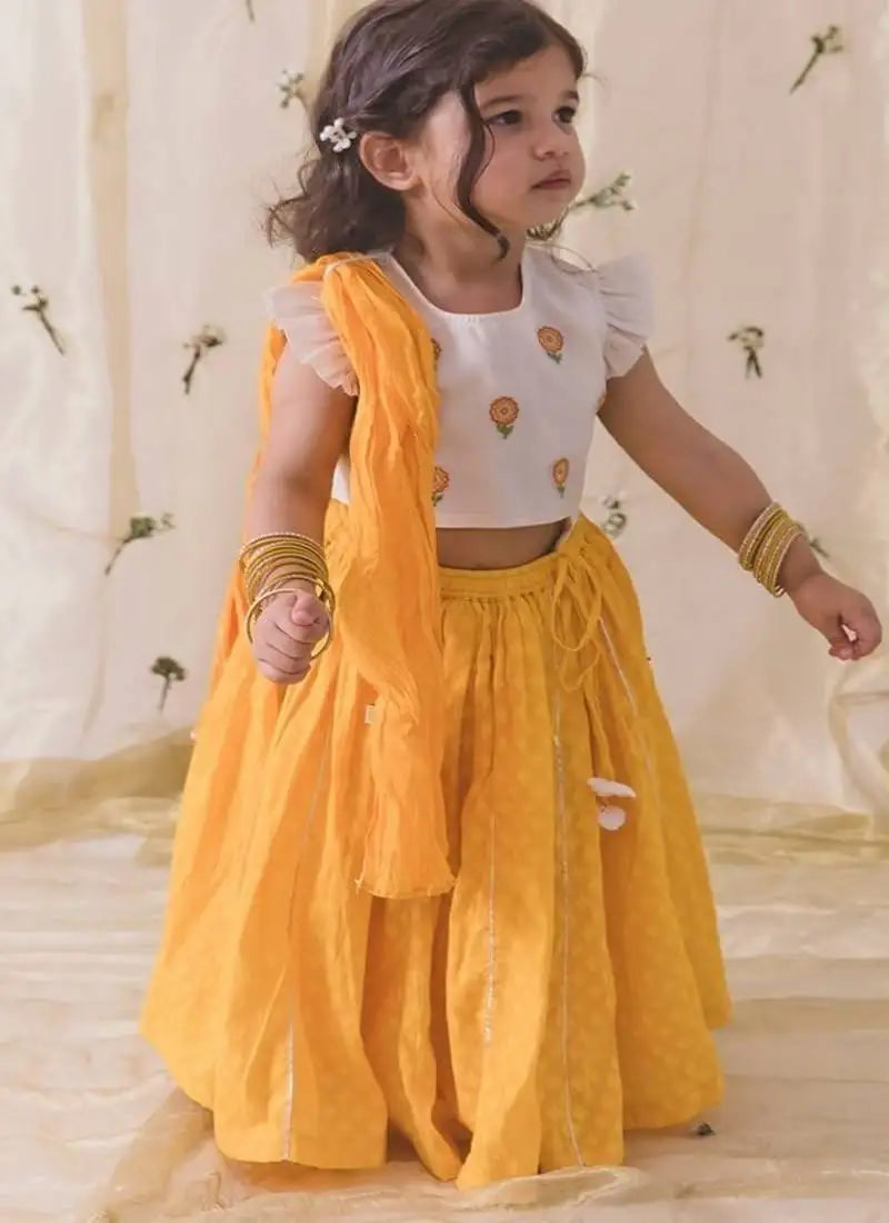 Yellow & white plain chanderi silk lehenga