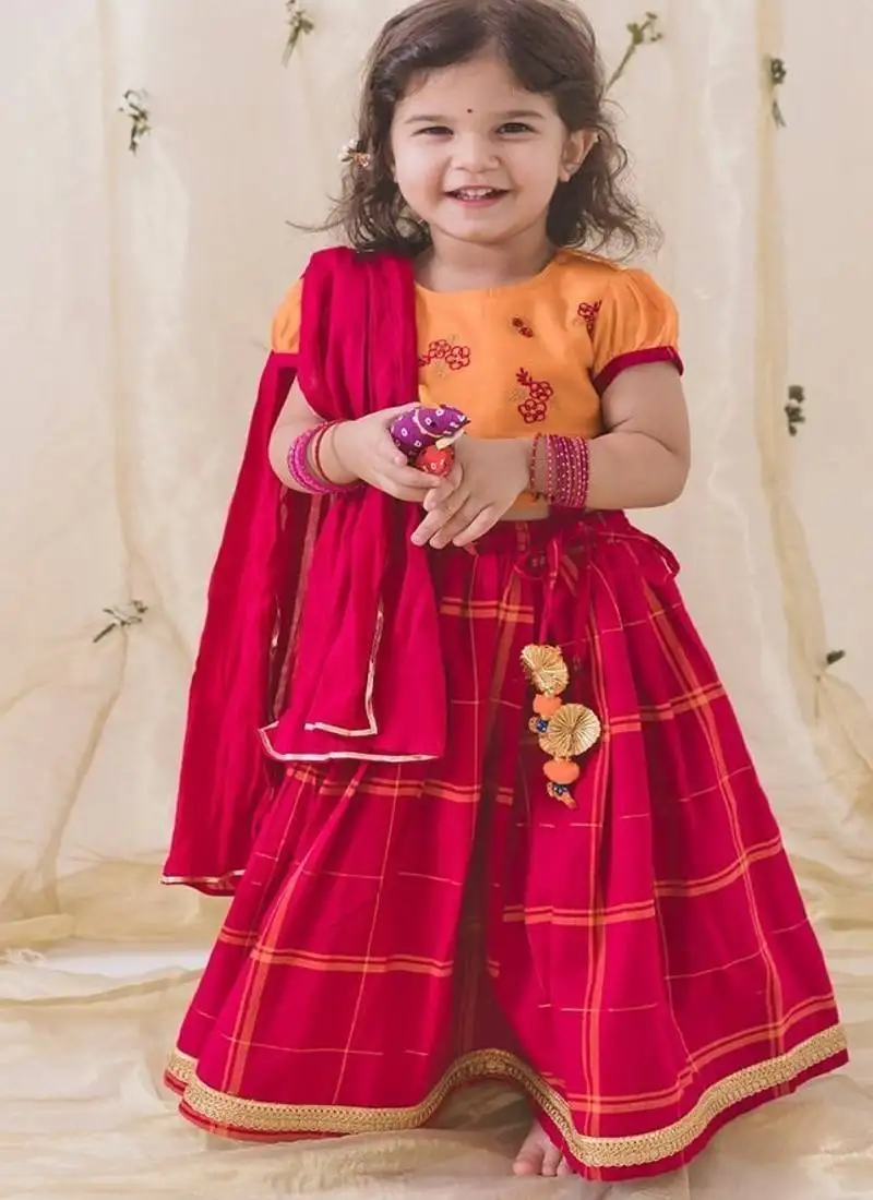 Pink & orange plain cotton lehenga