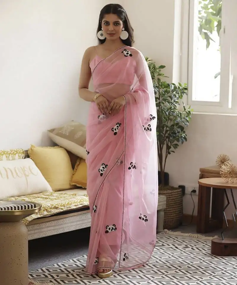 Pink plain organza saree with panda hand embroidery
