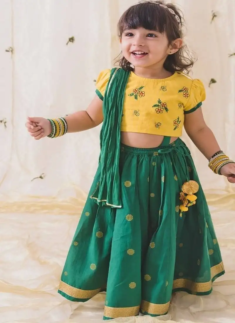 Green & yellow embroidered cotton lehenga