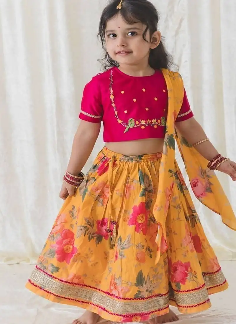 Yellow printed chanderi silk lehenga