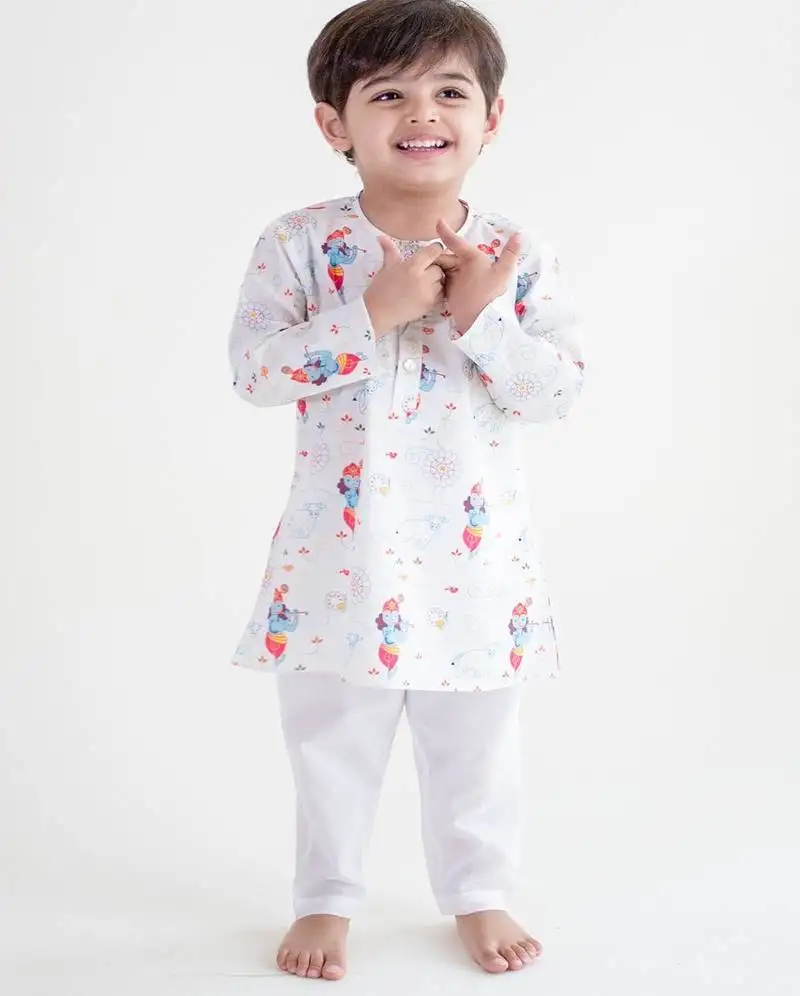 White printed cotton kurta pyjama