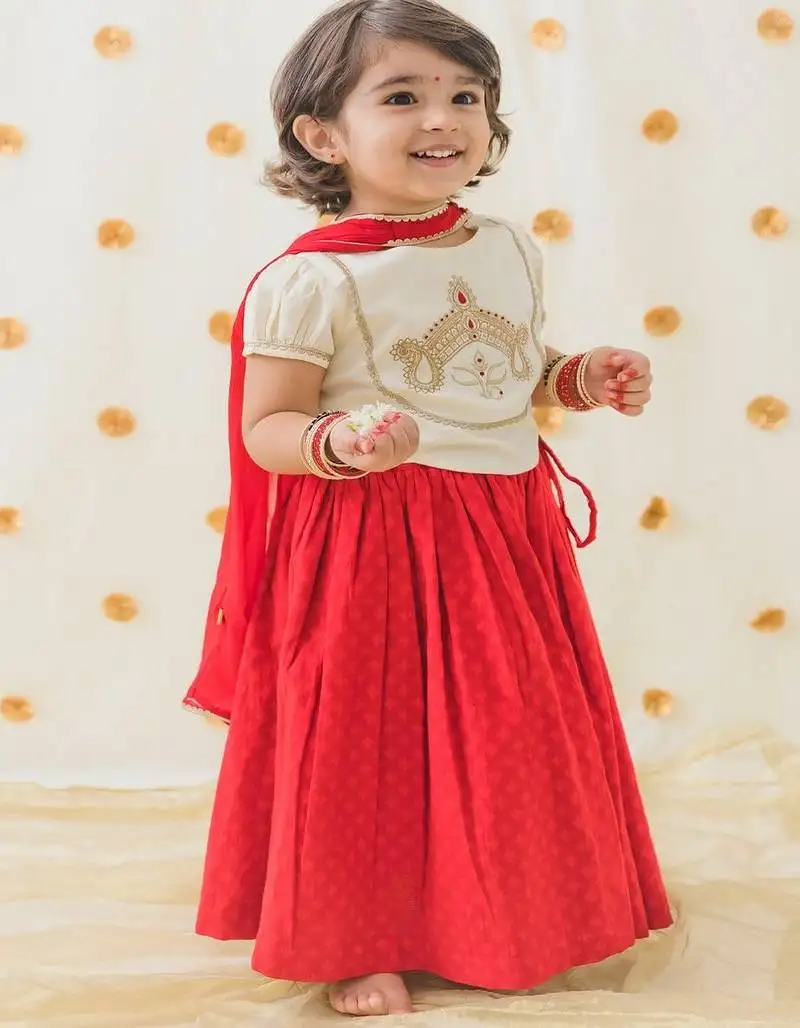 Red & white embroidered cotton lehenga