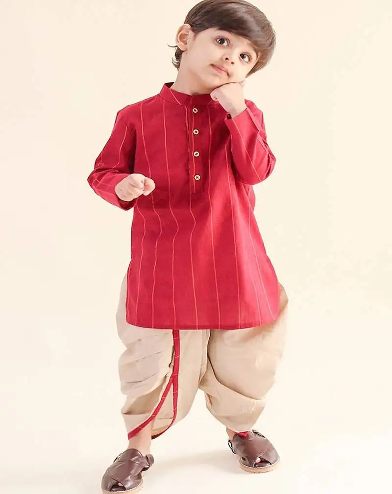 Maroon plain cotton kurta pyjama