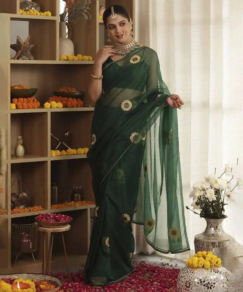 Green plain organza saree with sunflower embroidery