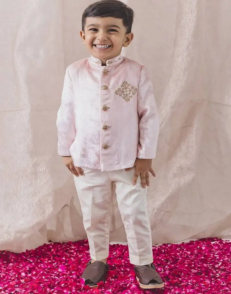 Pink embroidered viscose bandhgala set