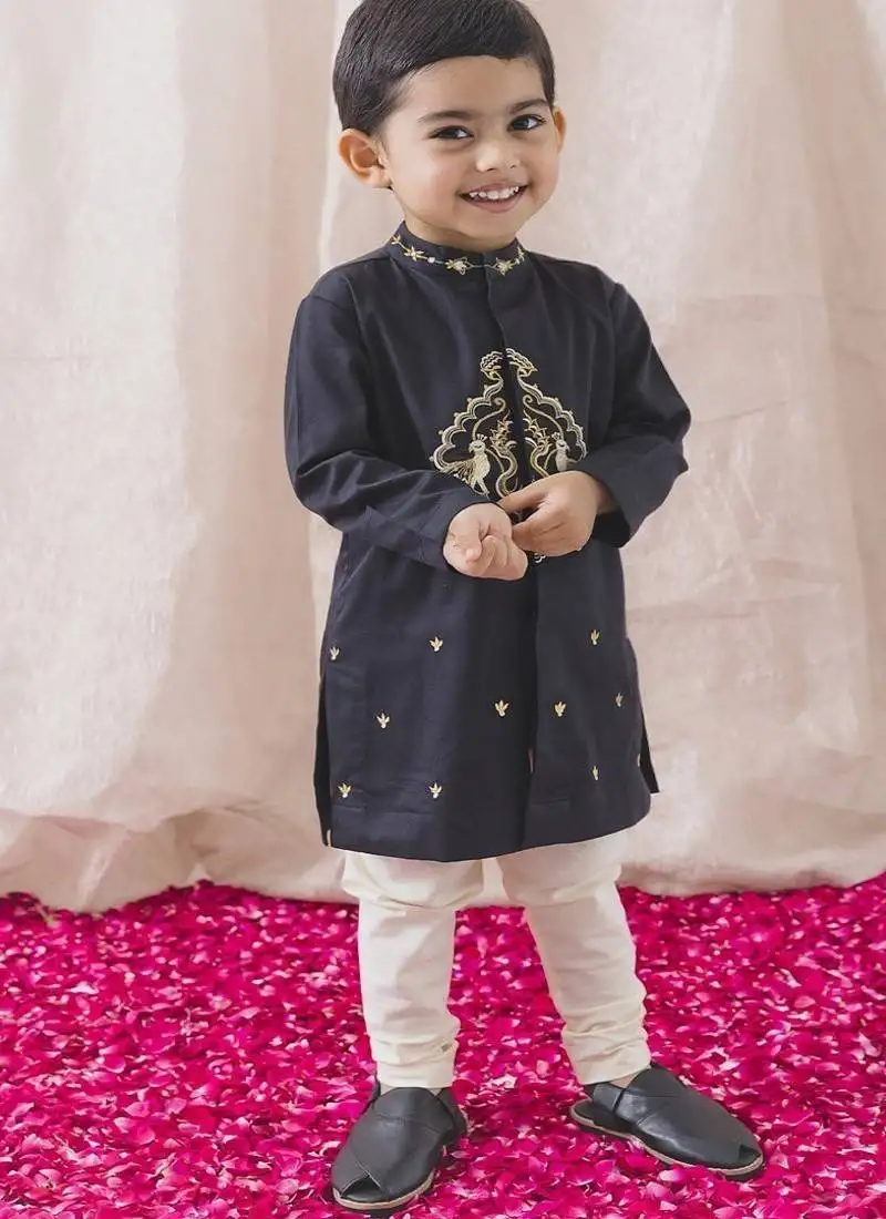 Black embroidered cotton kurta pyjama