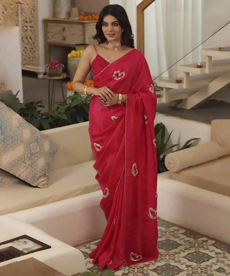 Pink plain silk blend saree with butterfly hand embroidery