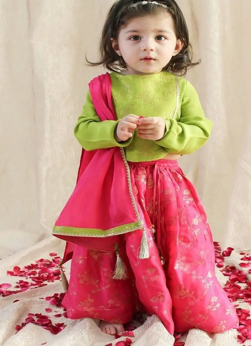 Pink & green embroidered viscose lehenga