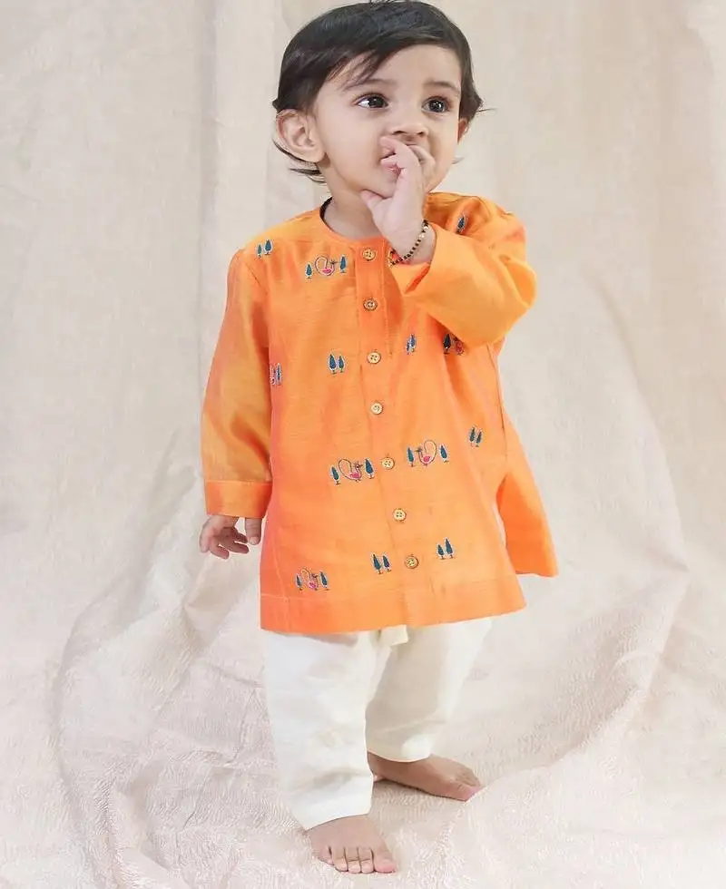 Orange embroidered chanderi kurta pyjama