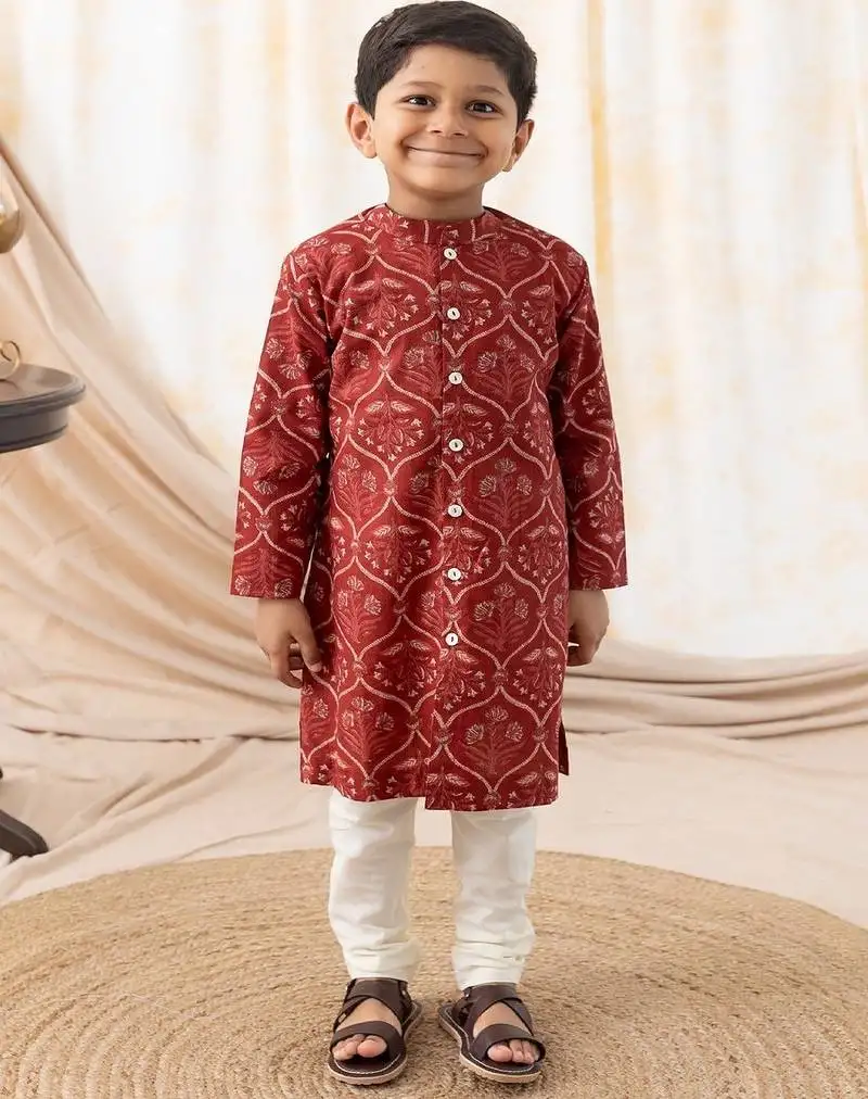 Maroon printed cotton kurta pyjama