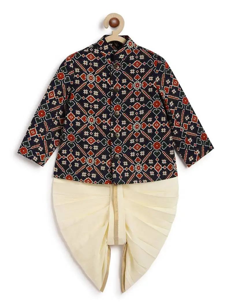 Blue printed cotton bandhgala set