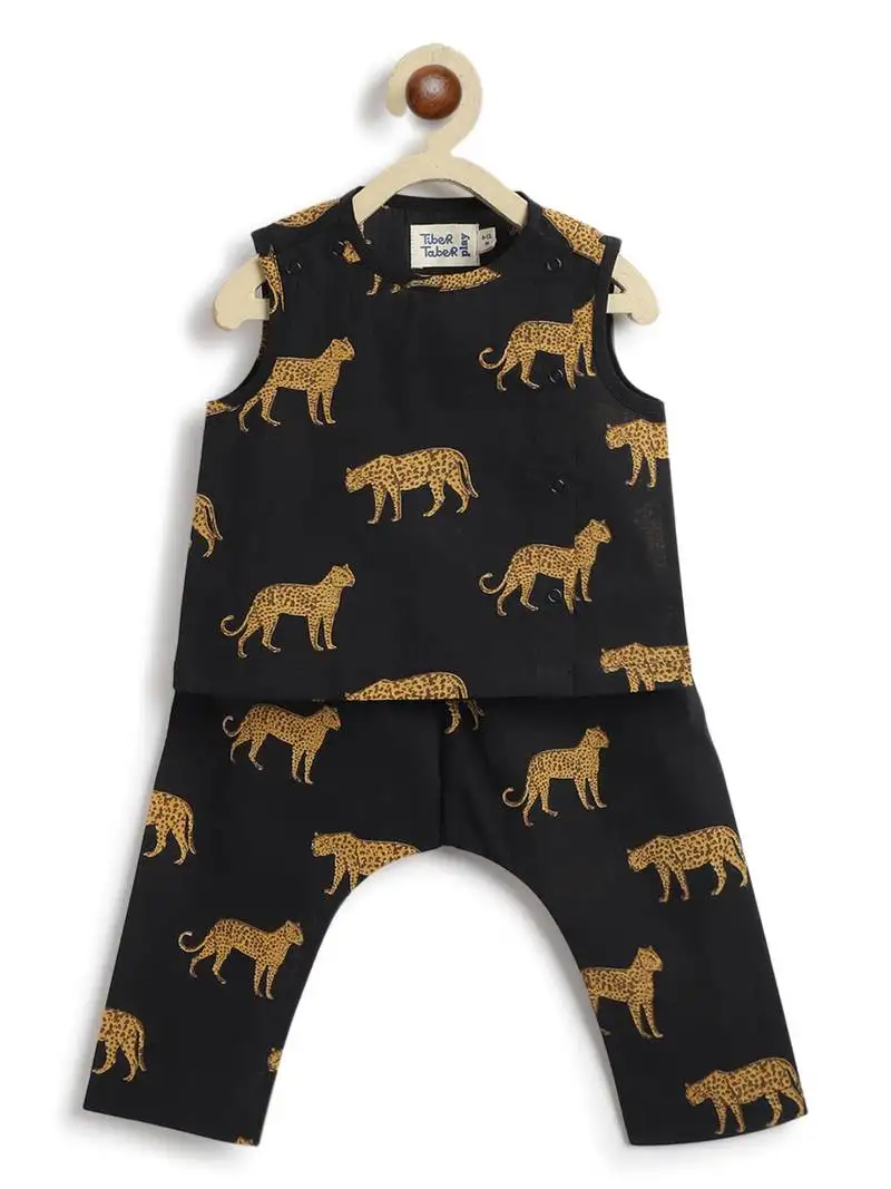 Black printed cotton kurta pyjama