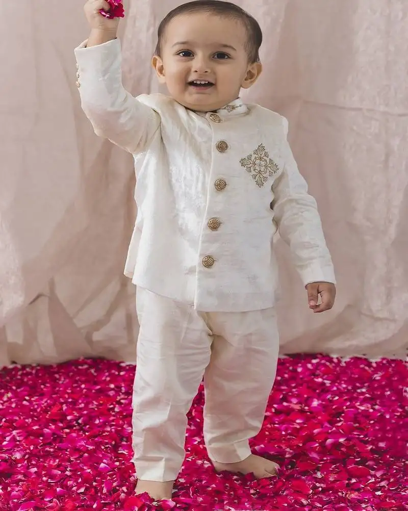 Cream embroidered viscose bandhgala set