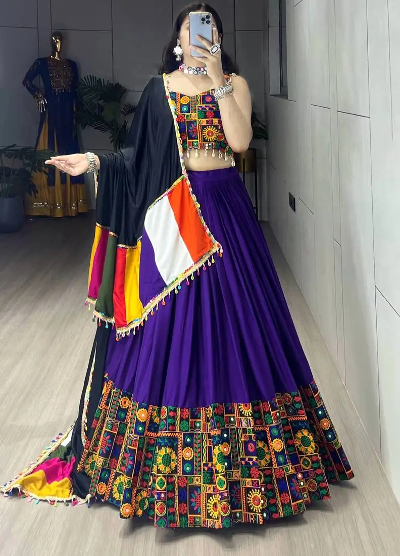 Purple plain with real mirror work gamthi design patta on border navratri lehenga choli with fully stitched blouse