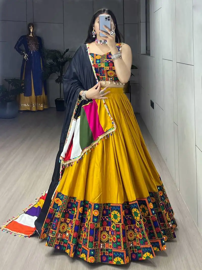 Mustard mirror work gamthi design navratri lehenga with fully stitched blouse