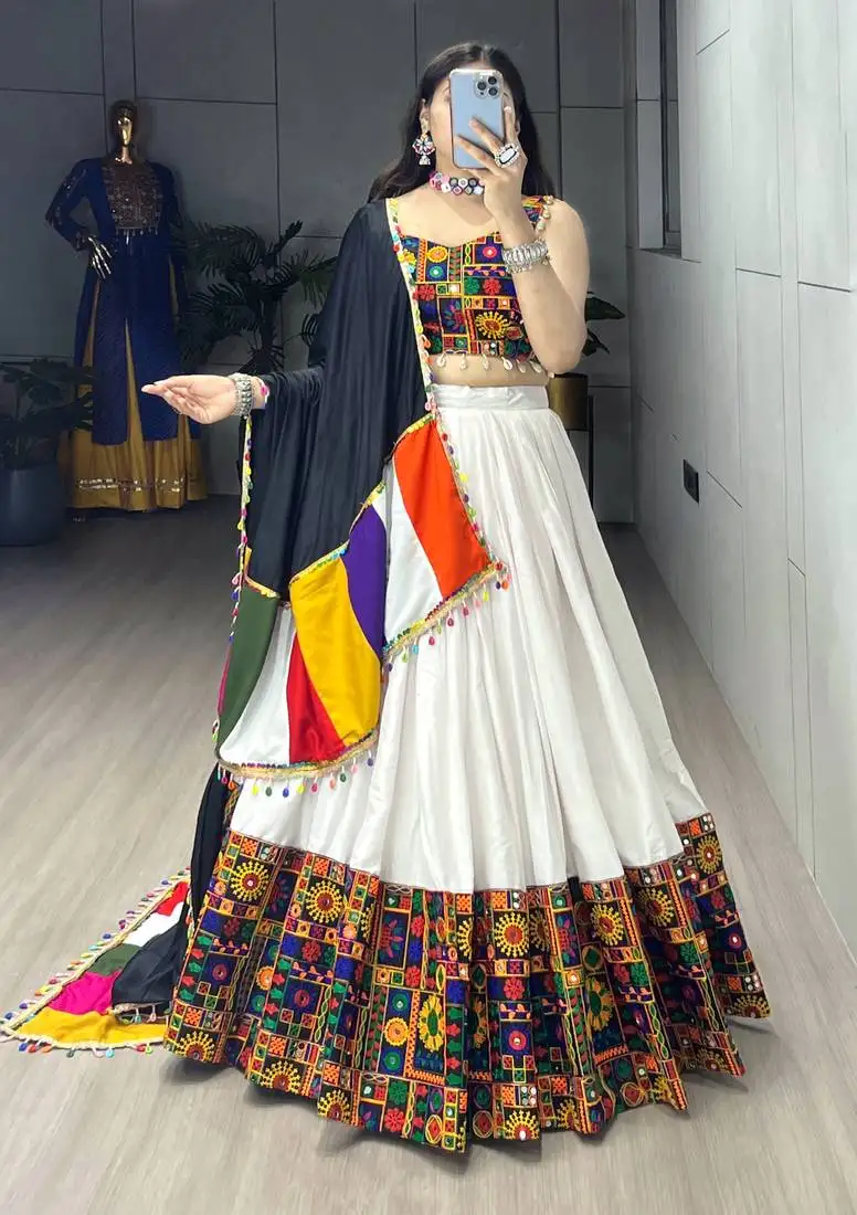 White mirror work gamthi design navratri lehenga with fully stitched blouse