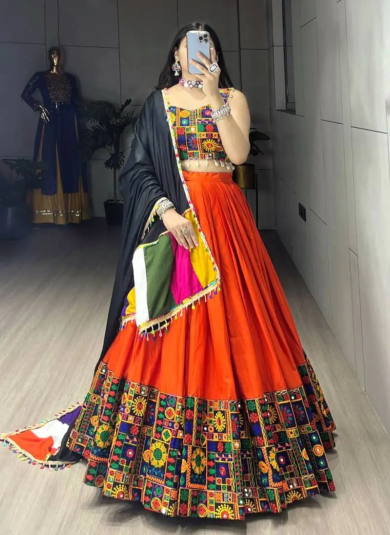 Orange mirror work gamthi design navratri lehenga with fully stitched blouse