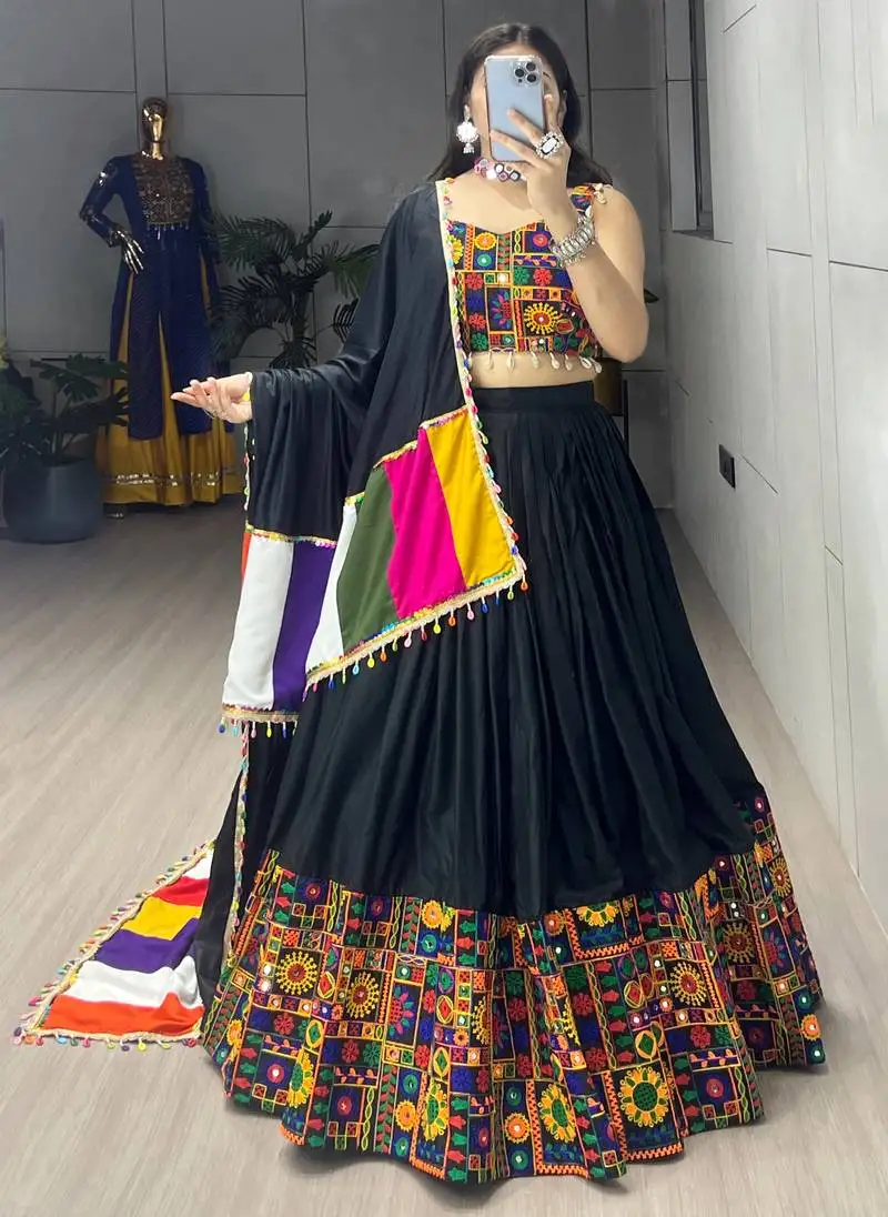 Black mirror work gamthi design navratri lehenga with fully stitched blouse