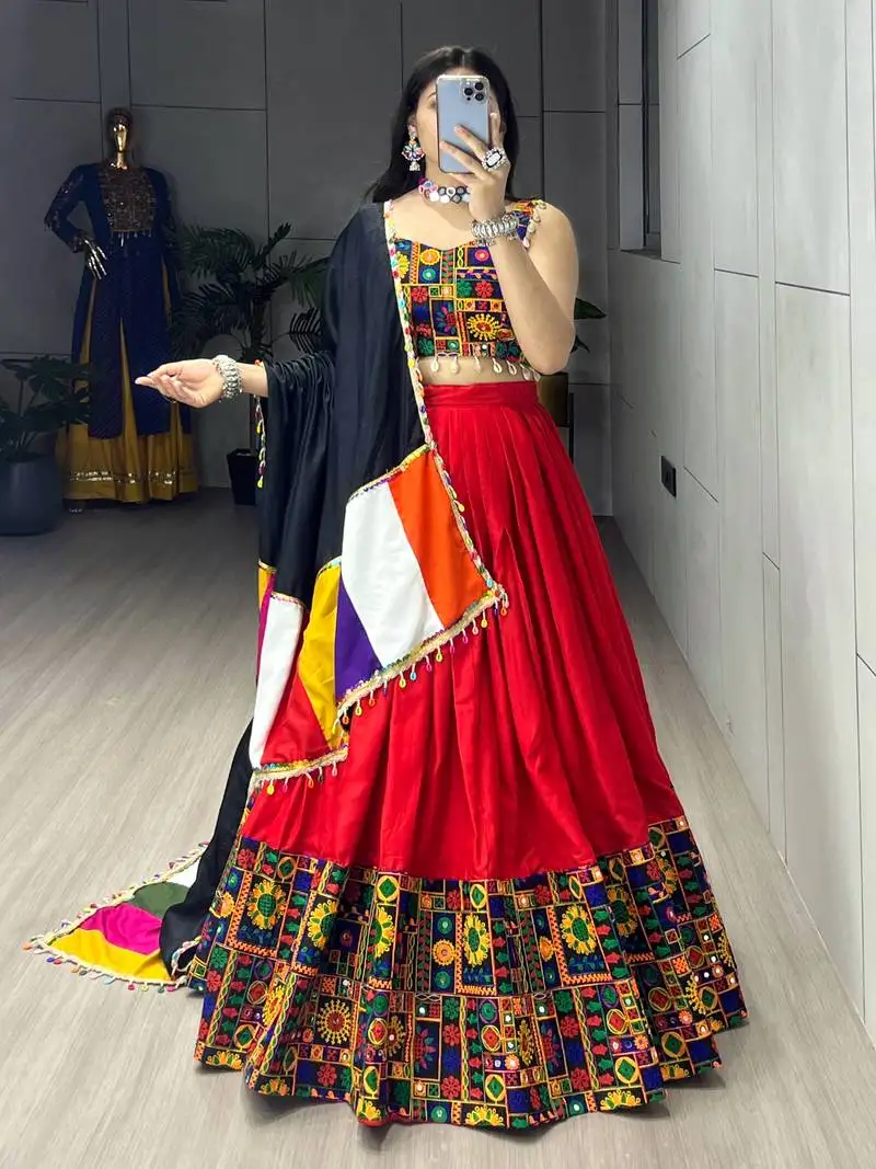 Red mirror work gamthi design navratri lehenga with fully stitched blouse