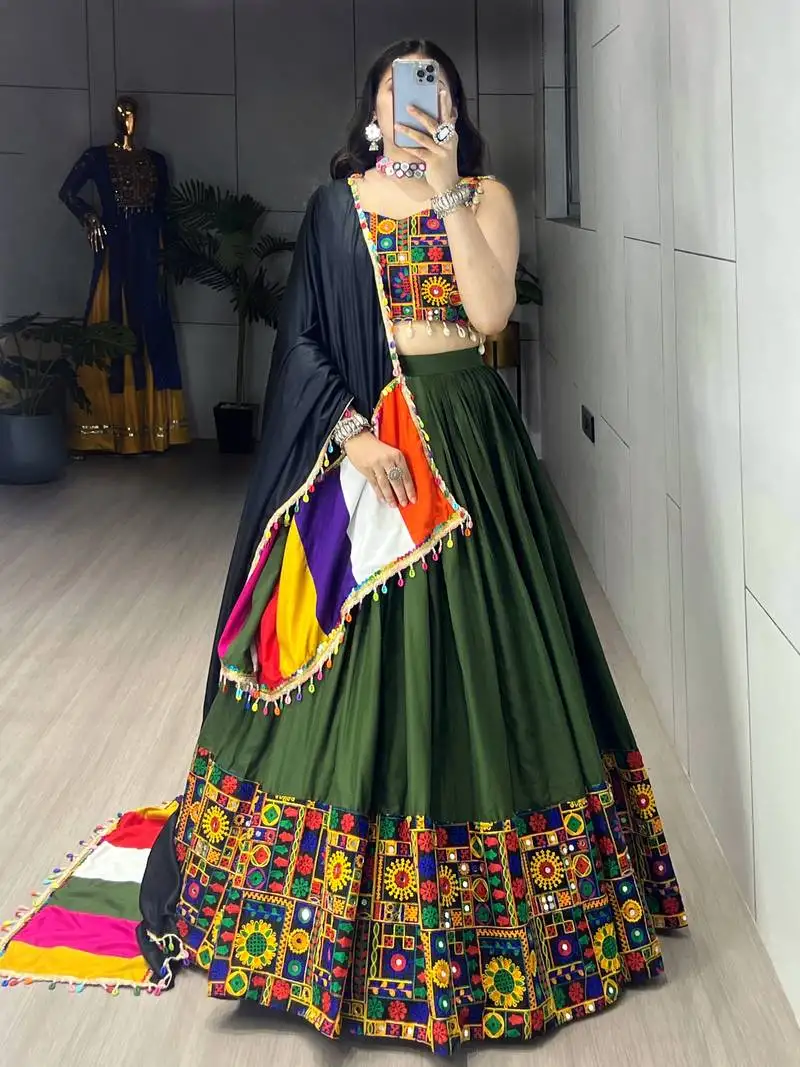 Mehendi mirror work gamthi design navratri lehenga with fully stitched blouse